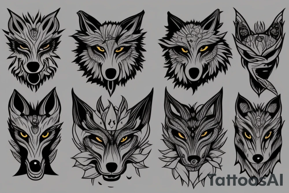 Terrifying 3 eyed wolf made from the forest with branches as demon horns. tattoo idea