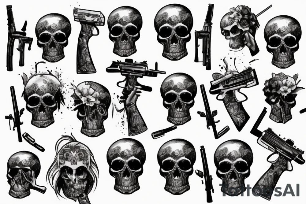 Hot Girls , skulls and guns sleeve tattoo idea