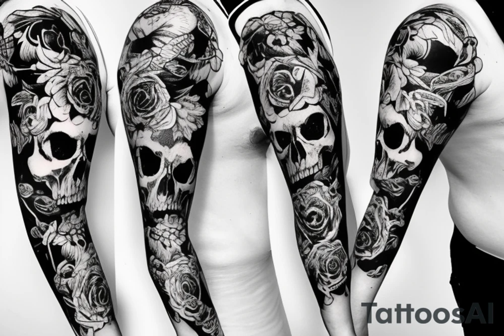 Hot Girls , skulls and guns sleeve tattoo idea