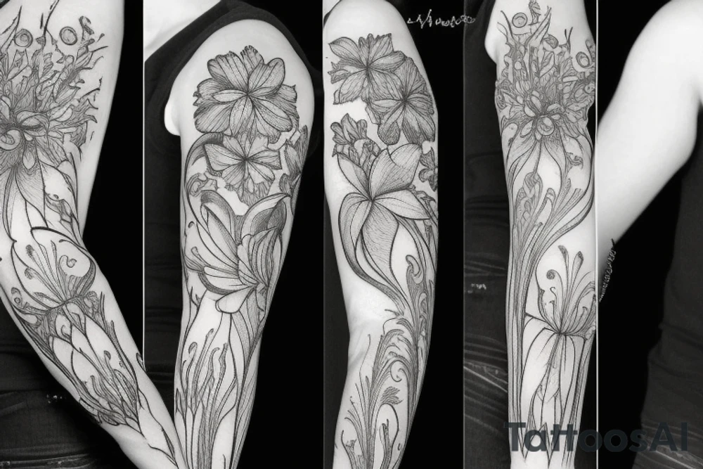 sleeve sketch lycoris flowers blackwork tattoo idea