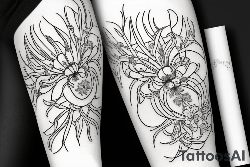 sleeve sketch lycoris flowers blackwork tattoo idea