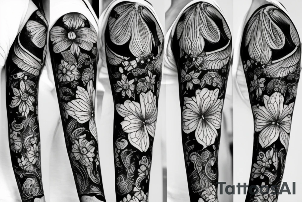 sketch blackwork sleeve lycoris flowers black background tattoo idea