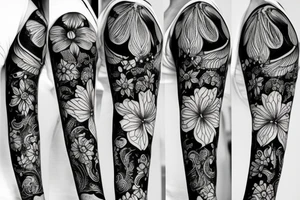 sketch blackwork sleeve lycoris flowers black background tattoo idea