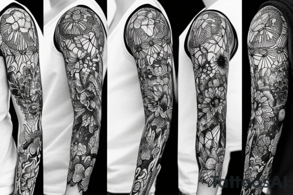 sketch blackwork sleeve lycoris flowers black background tattoo idea