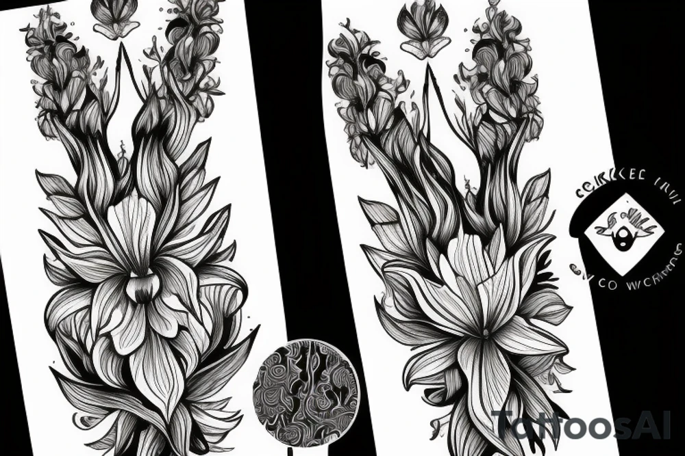 sketch blackwork sleeve lycoris flowers black background tattoo idea