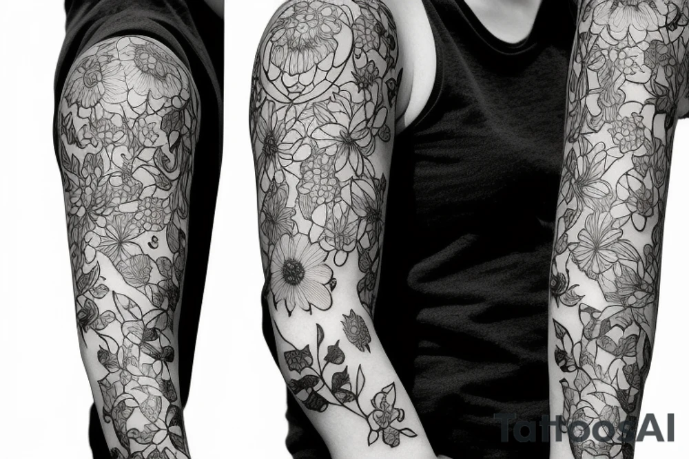 sketch blackwork sleeve lycorises flowers black background tattoo idea