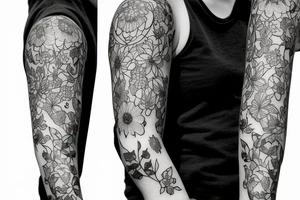 sketch blackwork sleeve lycorises flowers black background tattoo idea