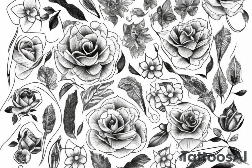 sketch blackwork sleeve white lycorises on black background tattoo idea