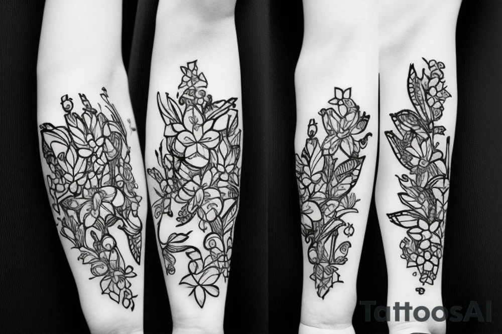 sketch blackwork sleeve white lycorises on black background tattoo idea