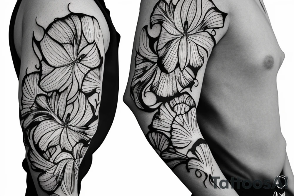 sketch blackwork sleeve white spider lilies on black background tattoo idea