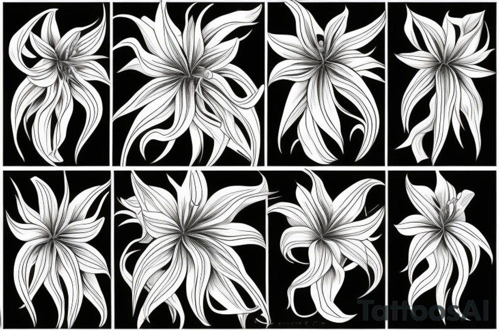 sketch blackwork sleeve white spider lilies on black background tattoo idea
