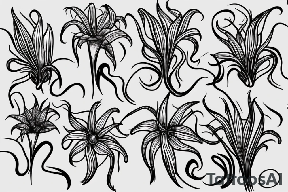 sketch blackwork sleeve white spider lilies on black background tattoo idea