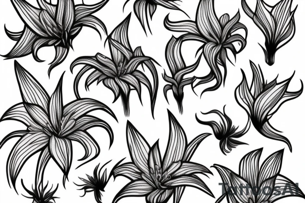 sketch blackwork sleeve white spider lilies on black background tattoo idea
