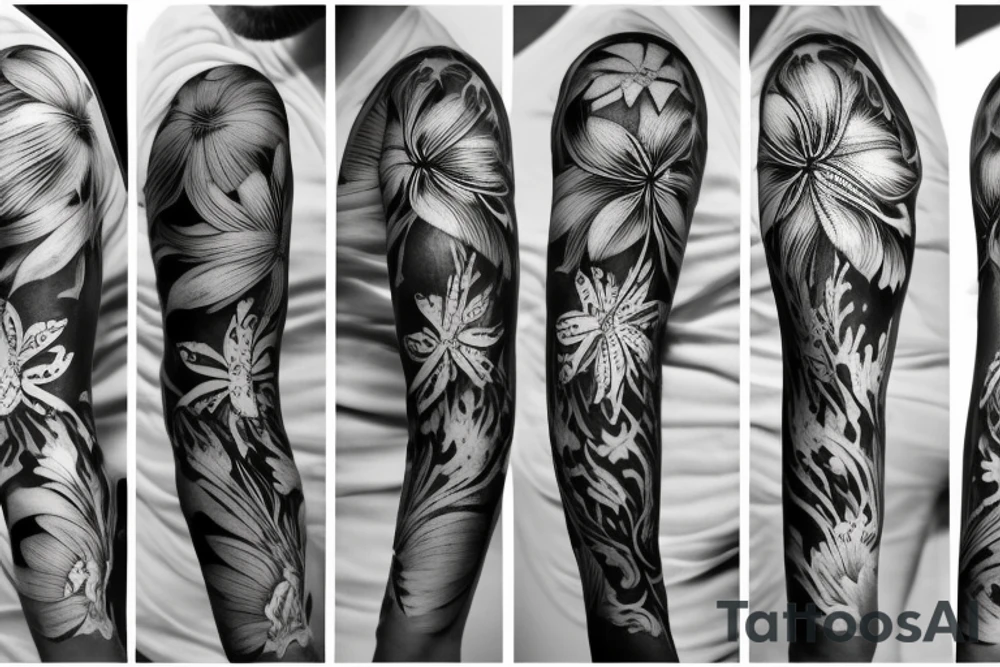 sketch blackwork sleeve white spider lilies on black background tattoo idea