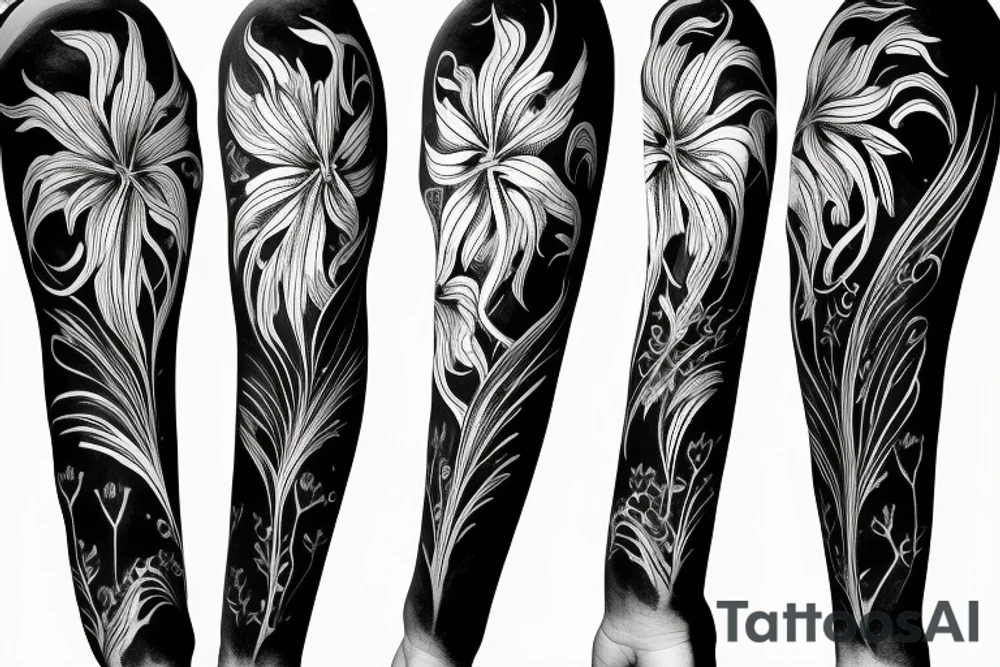 sketch blackwork sleeve white spider lilies on black background tattoo idea