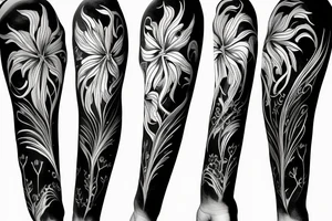 sketch blackwork sleeve white spider lilies on black background tattoo idea