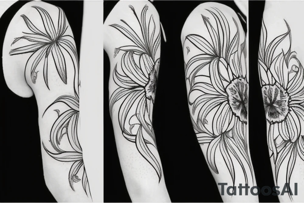 sketch blackwork sleeve white spider lilies on black background tattoo idea