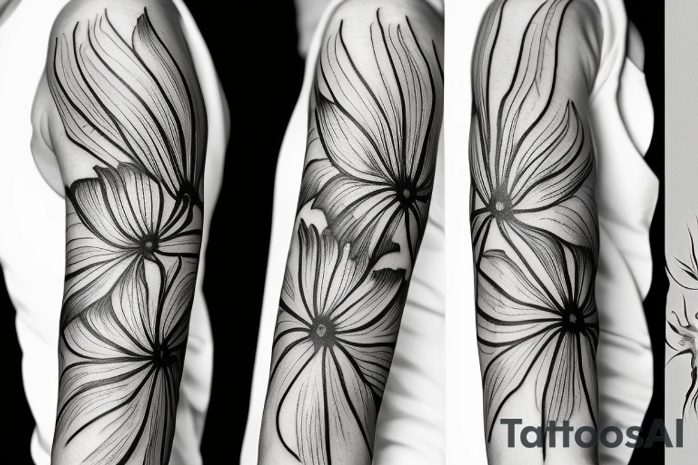 sketch blackwork sleeve white spider lilies on black background tattoo idea