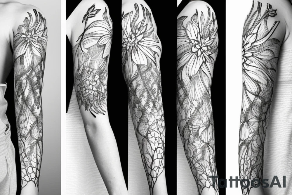 sketch blackwork sleeve white spider lilies on black background tattoo idea