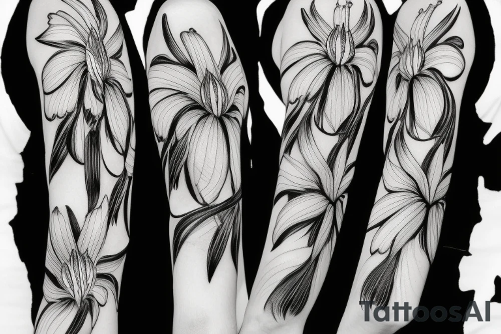 sketch blackwork sleeve white spider lilies on black background tattoo idea