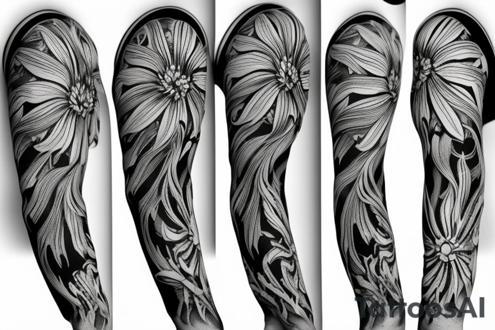 sketch blackwork sleeve white spider lilies on black background tattoo idea