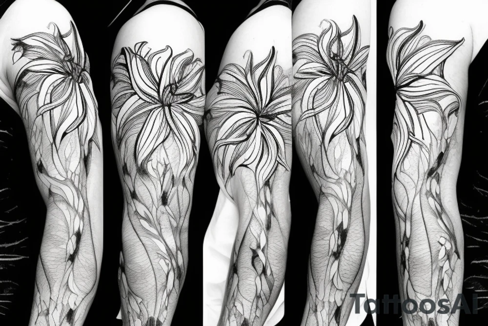 sketch blackwork sleeve white spider lilies on black background tattoo idea