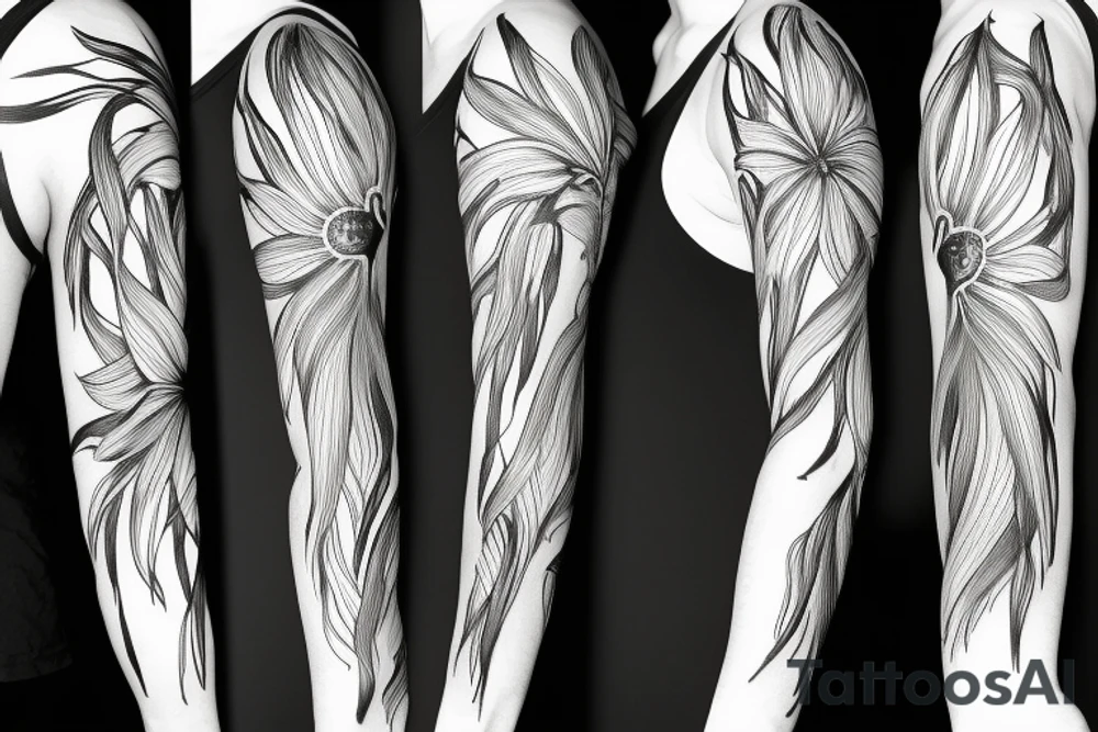 sketch blackwork sleeve white spider lilies on black background tattoo idea
