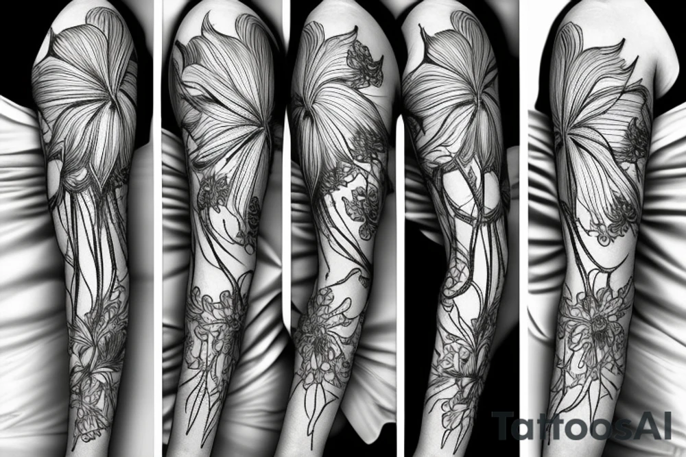 sketch blackwork sleeve white spider lilies on black background tattoo idea