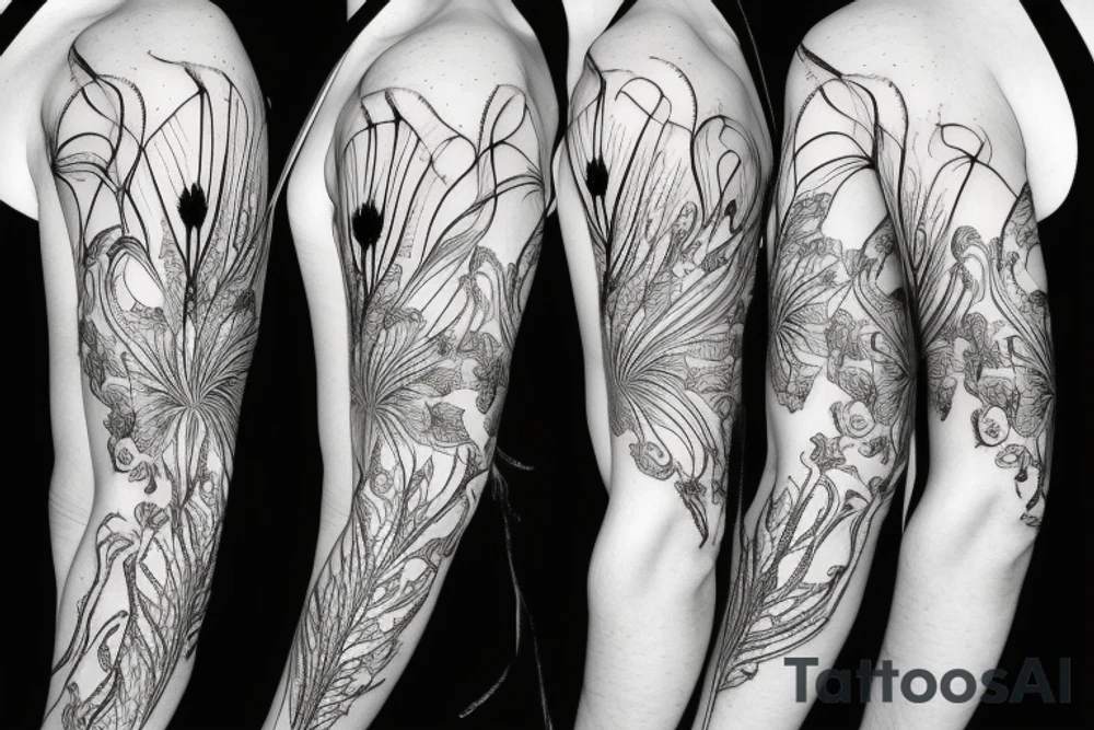 sketch blackwork sleeve white spider lilies on black background tattoo idea