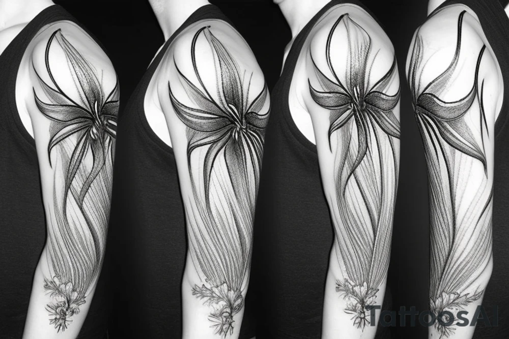 sketch blackwork sleeve white spider lilies on black background tattoo idea