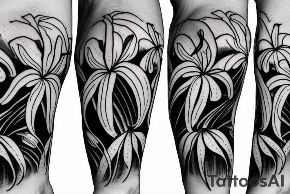 black background sketch blackwork sleeve white spider lilies tattoo idea