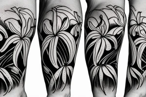 black background sketch blackwork sleeve white spider lilies tattoo idea