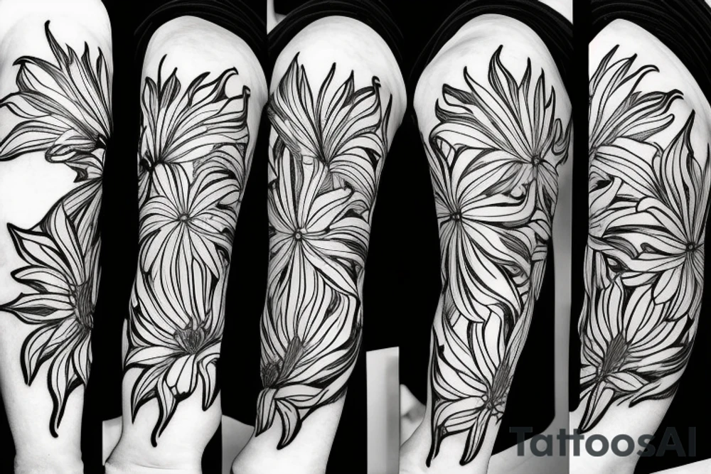 black background sketch blackwork sleeve white spider lilies tattoo idea
