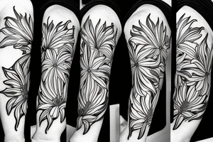 black background sketch blackwork sleeve white spider lilies tattoo idea