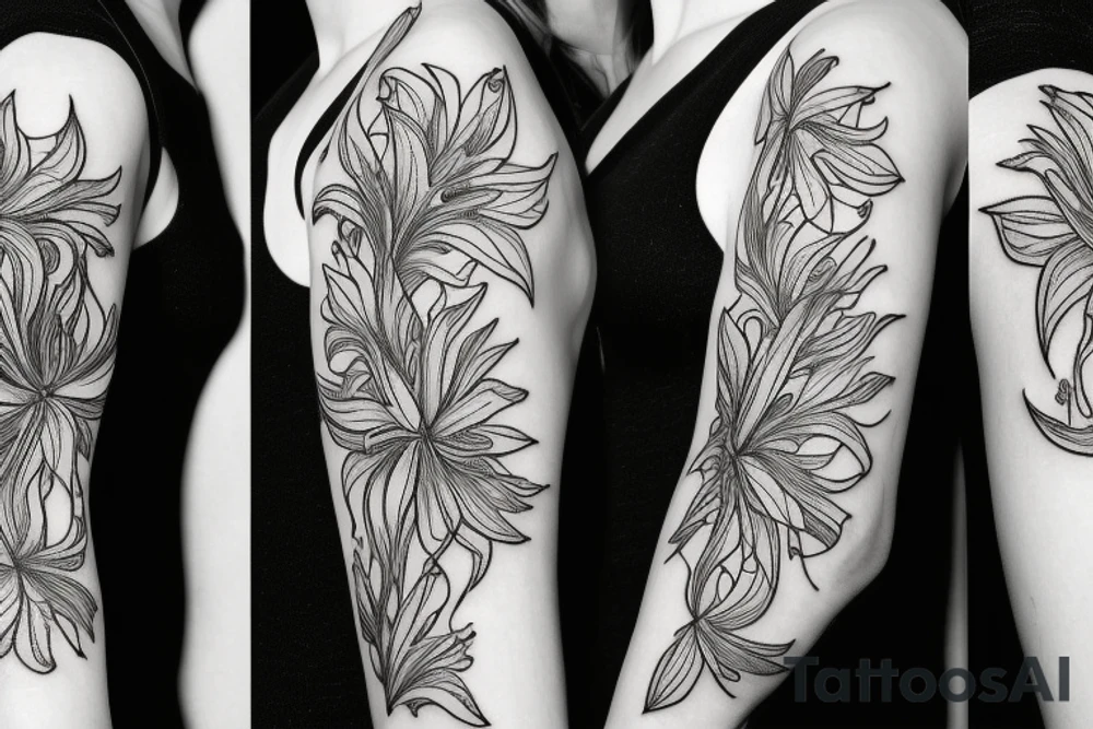 black background sketch blackwork sleeve white spider lilies tattoo idea black background sketch blackwork sleeve white spider lilies tattoo idea