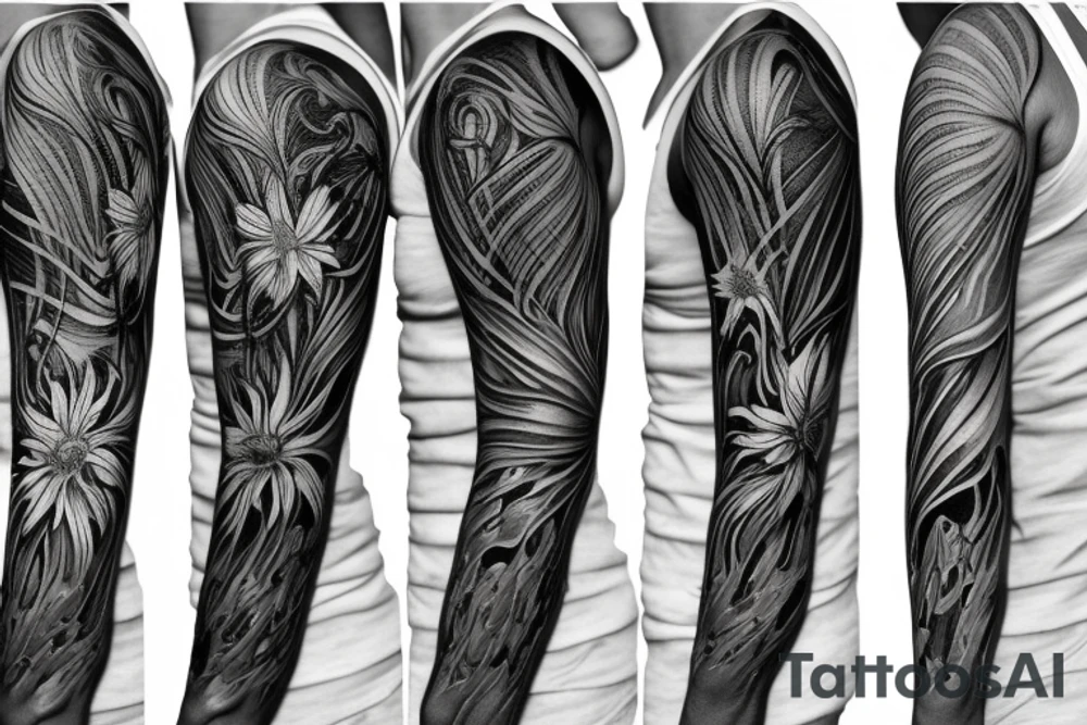 black background sketch blackwork sleeve white spider lilies tattoo idea
