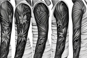 black background sketch blackwork sleeve white spider lilies tattoo idea