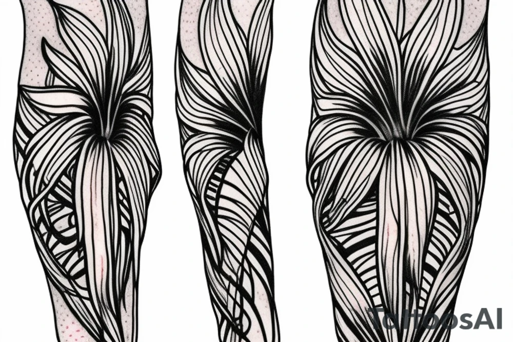black background sketch blackwork sleeve white spider lilies tattoo idea