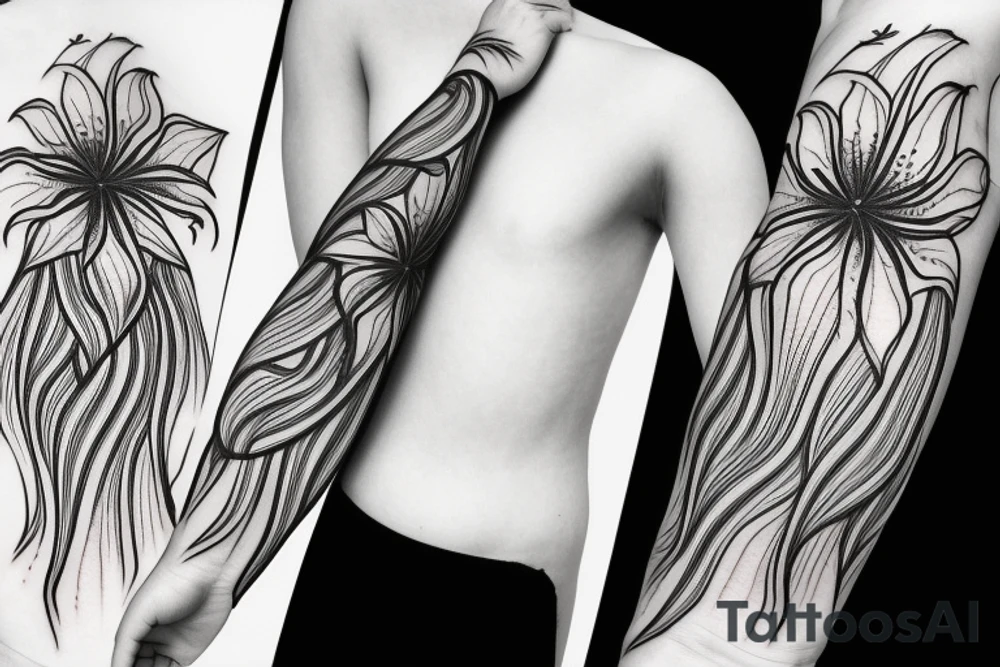 black background sketch blackwork sleeve white spider lilies tattoo idea