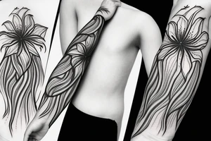 black background sketch blackwork sleeve white spider lilies tattoo idea