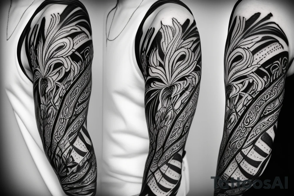 black background white spider lilies sleeve sketch tattoo idea