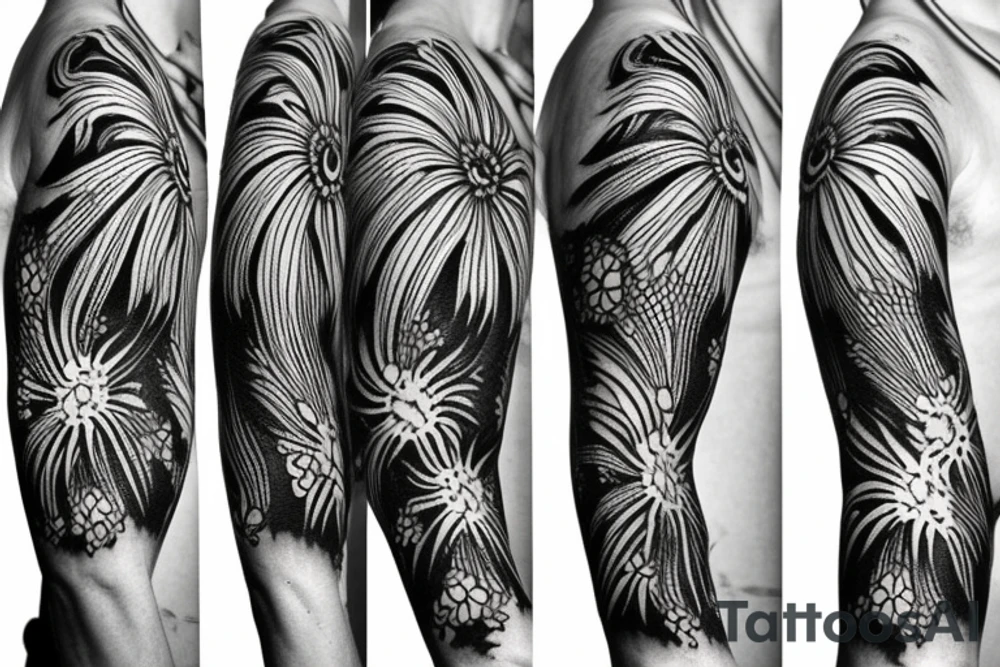 black background white spider lilies sleeve sketch tattoo idea