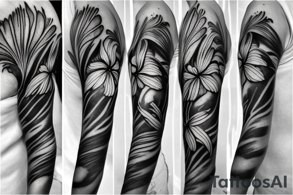black background white spider lilies sleeve sketch tattoo idea