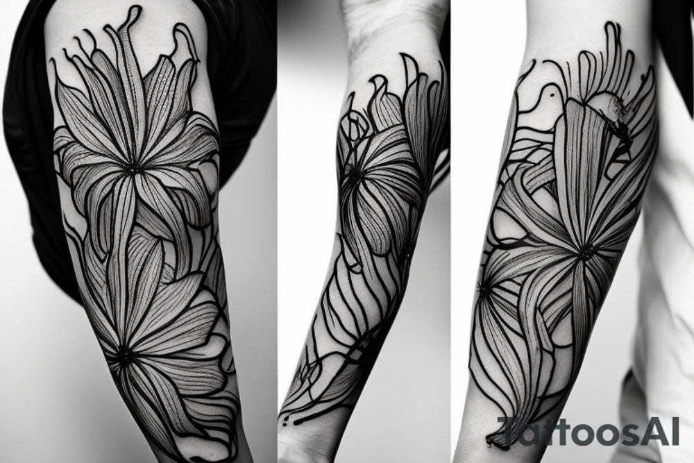 black background white spider lilies sleeve sketch tattoo idea