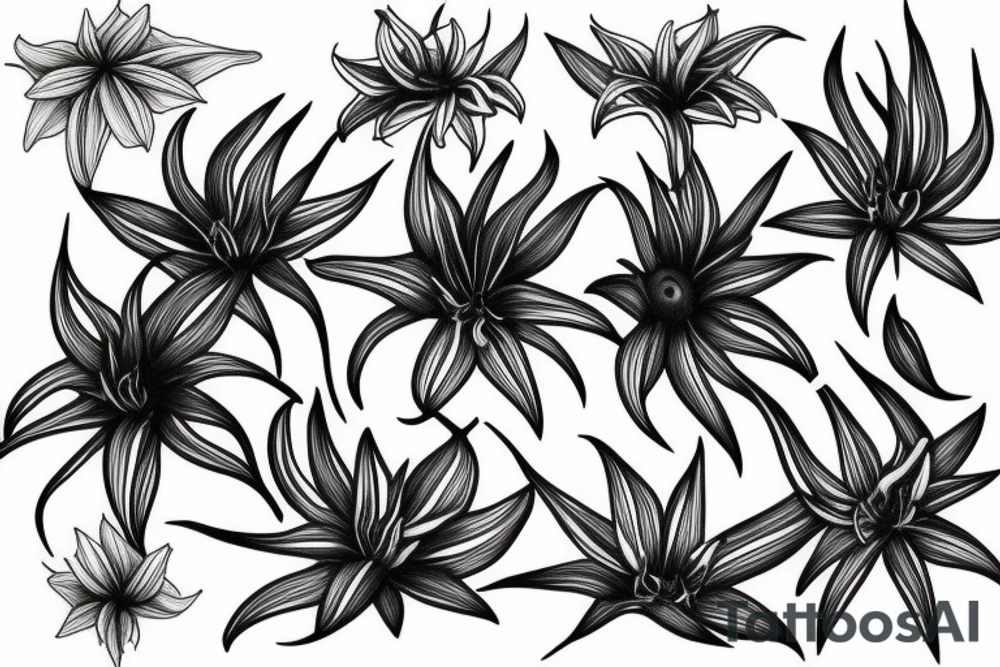 black background white spider lilies sleeve sketch tattoo idea