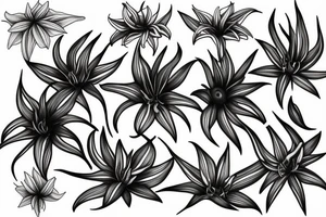 black background white spider lilies sleeve sketch tattoo idea