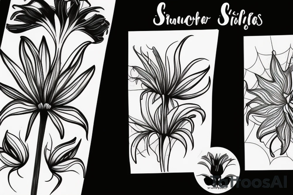 black background spider lilies sketch tattoo idea