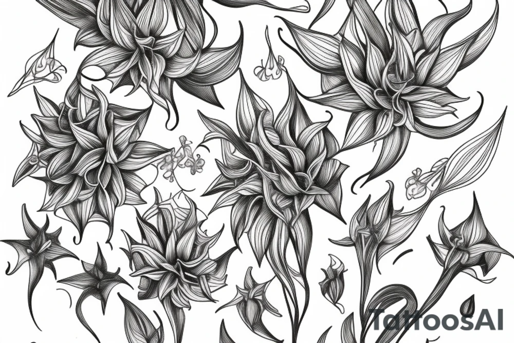 Cluster amaryllis on black sketch sleeve tattoo idea