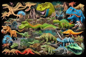 Dinosaurs and monster jam monster trucks made into one full scene with jungle scene and dirt track jumps tattoo idea