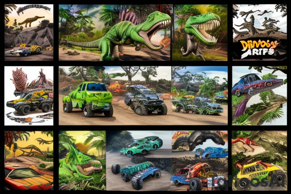 Dinosaurs and monster jam monster trucks made into one full scene with jungle scene and dirt track jumps tattoo idea